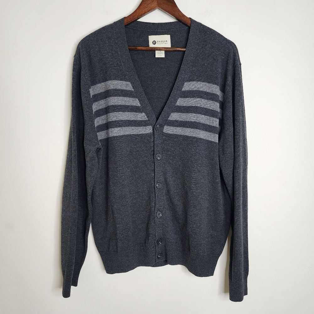 Hagger Men's Charcoal Striped Button Cardigan Sweater Lg Cotton Preppy Academia